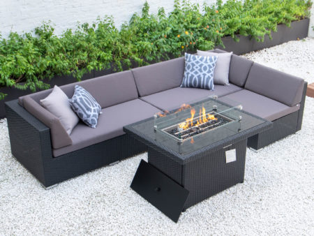 Classic L with wicker fire table in dark grey cushions