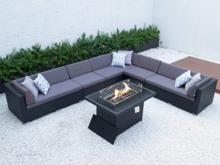 wicker fire table in dark grey cushions